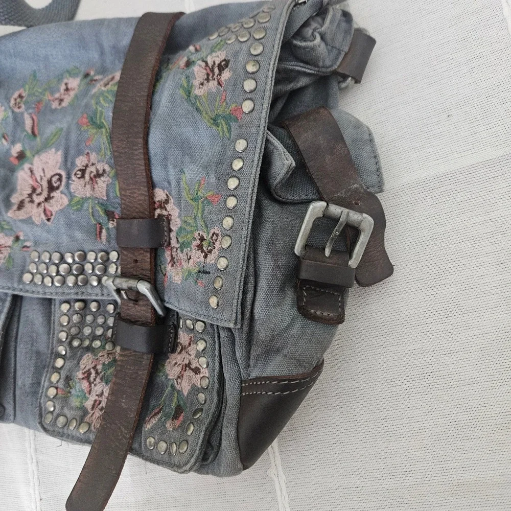 Free People Floral Embroidered Studded Canvas Messenger Bag Blue Boho Crossbody
